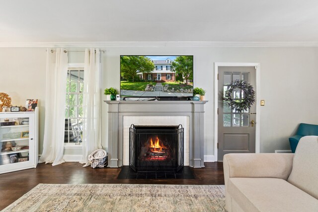 770 Bloomfield Blvd, Jackson, MI 49203 - living room with wood finished floors, a fireplace with flush hearth, and crown molding