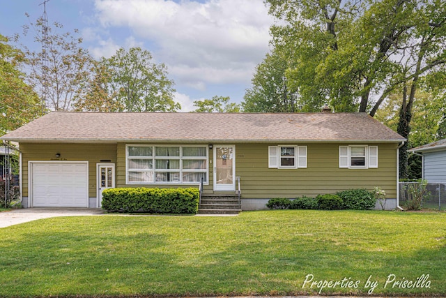 1705 Leif Ave, Norton Shores, MI 49441 - ranch-style house with an attached garage, concrete driveway, entry steps, a chimney, and roof with shingles