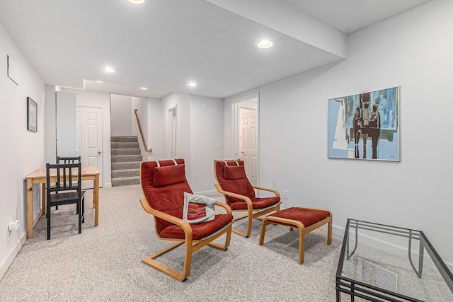 4223 Spring Lake Blvd, Ann Arbor, MI 48108 - sitting room featuring stairs, carpet flooring, baseboards, and recessed lighting