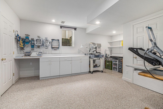 4223 Spring Lake Blvd, Ann Arbor, MI 48108 - kitchen featuring light colored carpet, recessed lighting, white cabinets, and baseboards