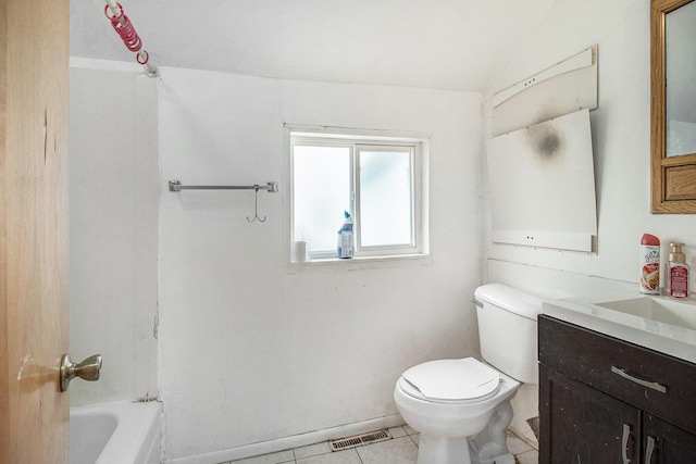 302 Wood St, Hart, MI 49420 - full bathroom featuring vanity, toilet, tile patterned floors, and vaulted ceiling