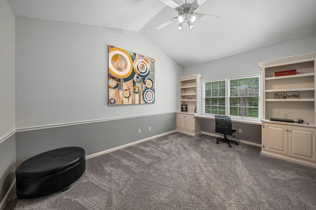 33081 Old Post Rd, Niles, MI 49120 - office with ceiling fan, dark colored carpet, lofted ceiling, and baseboards