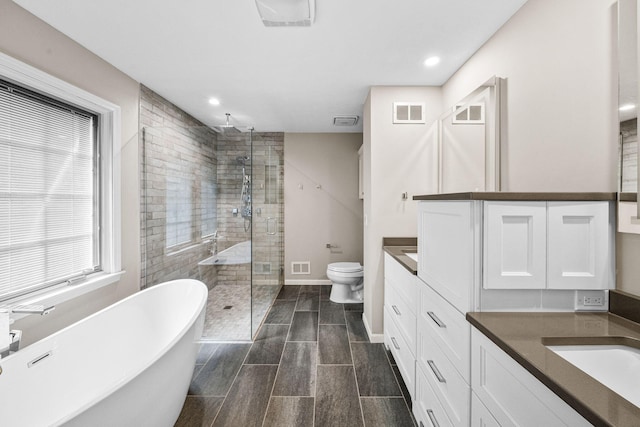 33081 Old Post Rd, Niles, MI 49120 - full bathroom with a stall shower, vanity, a freestanding bath, toilet, and recessed lighting