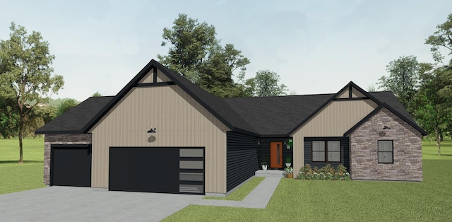 0 Shagawa Trl, Lowell, MI 49331 - modern inspired farmhouse with a garage, concrete driveway, a front yard, and stone siding