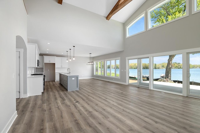 0 Shagawa Trl, Lowell, MI 49331 - unfurnished living room with high vaulted ceiling, a sink, baseboards, light wood finished floors, and beamed ceiling