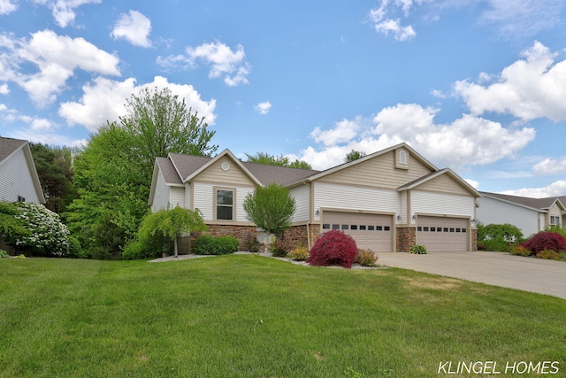 926 N Sandalwood Cir, Muskegon, MI 49441 - view of front facade with driveway, an attached garage, a front lawn, and stone siding