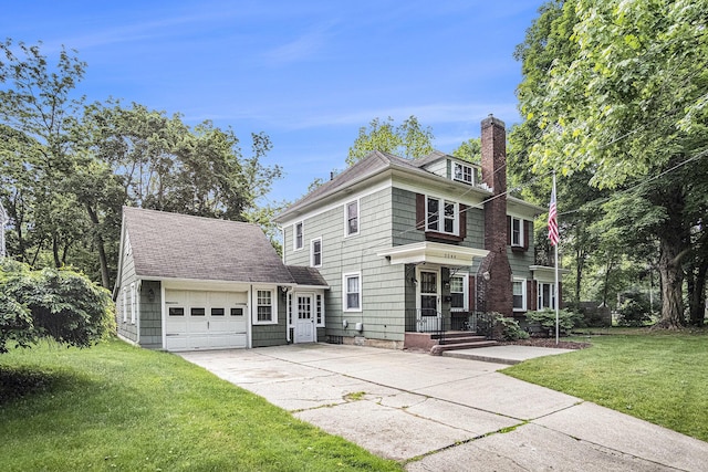 3544 Briggs Blvd NE, Grand Rapids, MI 49525 - view of front of property with a chimney, an attached garage, a front lawn, driveway, and roof with shingles