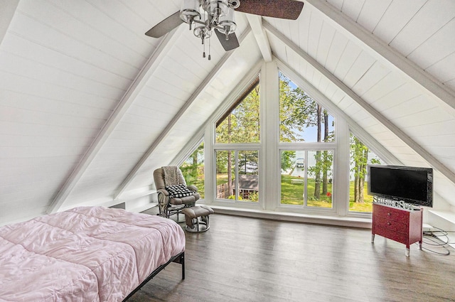 1142 Wolf Lake Dr, Baldwin, MI 49304 - bedroom featuring wooden ceiling, wood finished floors, and ceiling fan