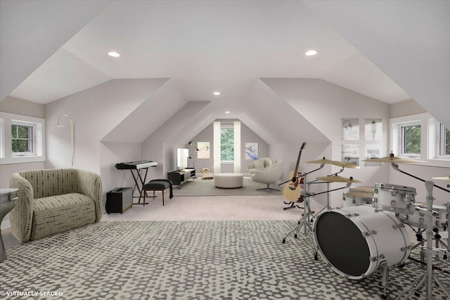 2141 N 35th St, Galesburg, MI 49053 - recreation room with vaulted ceiling, carpet flooring, and recessed lighting