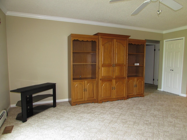 9920 Cambridge Ct, South Lyon, MI 48178 - unfurnished bedroom with light colored carpet, ornamental molding, baseboard heating, baseboards, and a textured ceiling