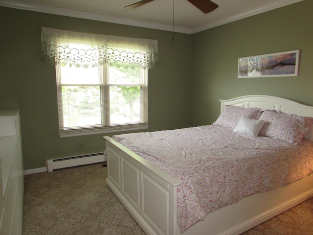 9920 Cambridge Ct, South Lyon, MI 48178 - bedroom with a baseboard heating unit, light colored carpet, ornamental molding, baseboards, and a ceiling fan