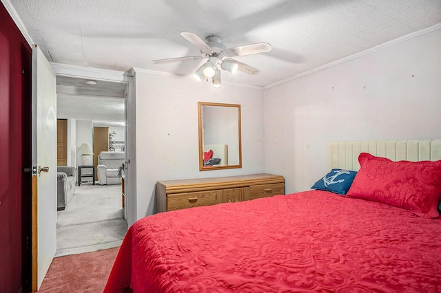 4468 Teal Ln, Newaygo, MI 49337 - bedroom with carpet flooring, crown molding, a textured ceiling, and a ceiling fan