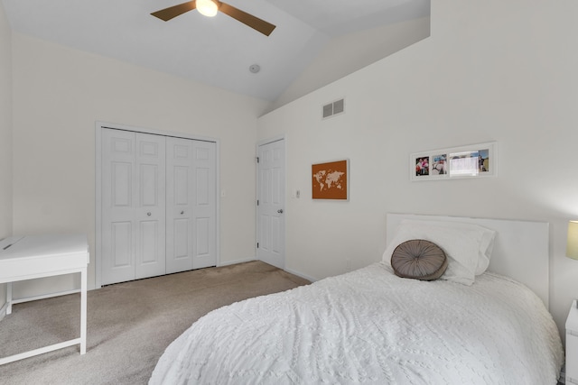 2539 Country Village Ct, Ann Arbor, MI 48103 - carpeted bedroom featuring high vaulted ceiling, a ceiling fan, and a closet