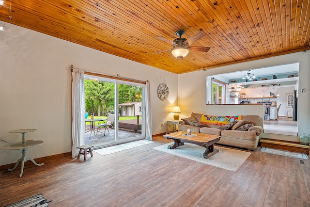 4744 Sandy Ln, Whitehall, MI 49461 - living room with ceiling fan, wood ceiling, hardwood / wood-style floors, and baseboards