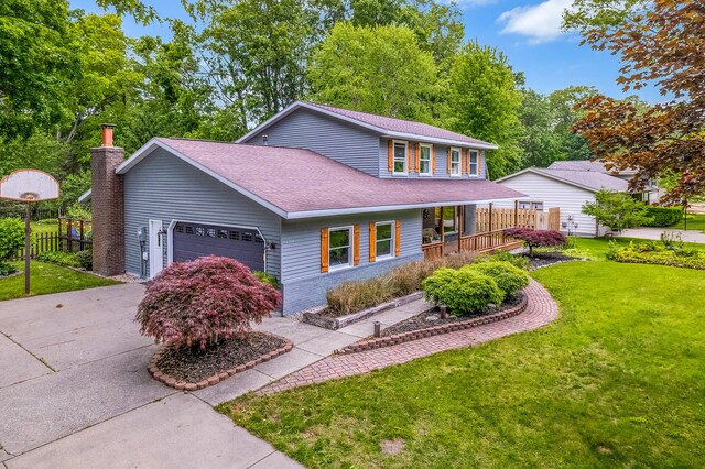 4744 Sandy Ln, Whitehall, MI 49461 - view of front facade with an attached garage, a chimney, covered porch, concrete driveway, and a shingled roof