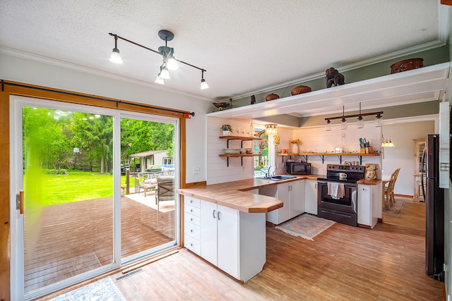 4744 Sandy Ln, Whitehall, MI 49461 - kitchen with black appliances, open shelves, a sink, ornamental molding, and light wood-type flooring