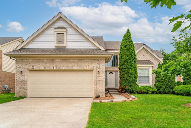 4798 Walnut Creek Dr, West Bloomfield, MI 48322 - view of front of house featuring brick siding, concrete driveway, a front lawn, and a shingled roof