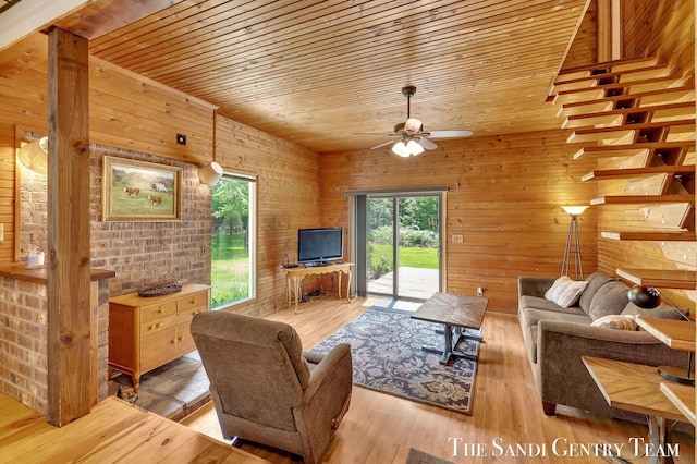 7120 Quarterline Rd, Spring Lake, MI 49456 - living room featuring wood ceiling, wood walls, a ceiling fan, and wood finished floors