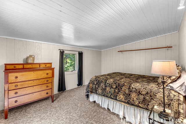 7120 Quarterline Rd, Spring Lake, MI 49456 - bedroom with carpet flooring, wooden walls, and wooden ceiling