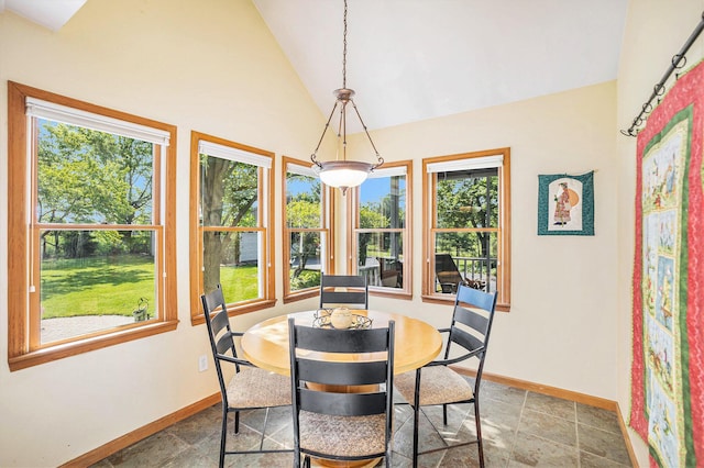 5700 Dexter Townhall Rd, Dexter, MI 48130 - dining room with lofted ceiling, baseboards, and stone finish floors