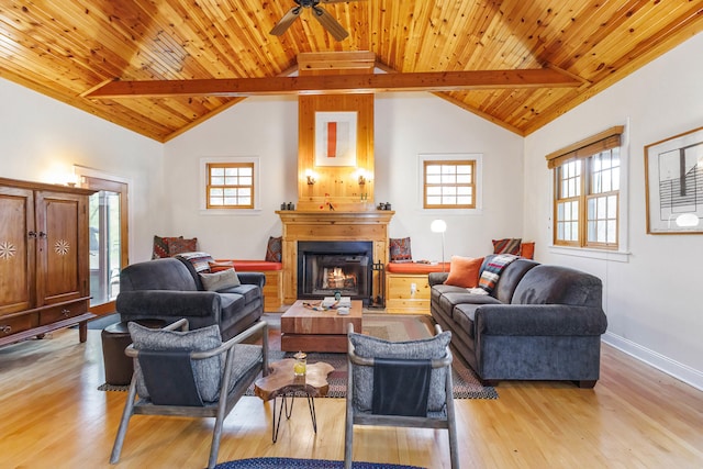 16434 S Basswood Rd, Three Oaks, MI 49128 - living room with wood ceiling, light wood-style flooring, plenty of natural light, a warm lit fireplace, and baseboards
