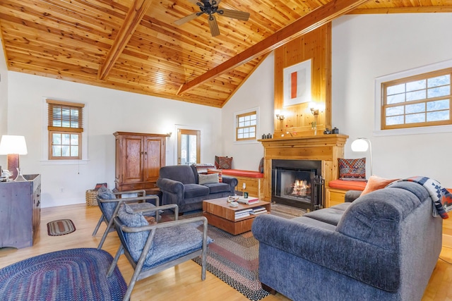 16434 S Basswood Rd, Three Oaks, MI 49128 - living area featuring wooden ceiling, light wood-style floors, plenty of natural light, a warm lit fireplace, and ceiling fan