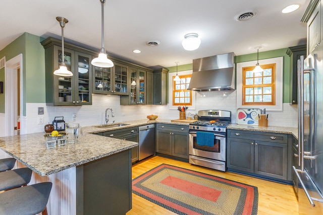 16434 S Basswood Rd, Three Oaks, MI 49128 - kitchen with wall chimney range hood, stainless steel appliances, a sink, a peninsula, and light wood-type flooring