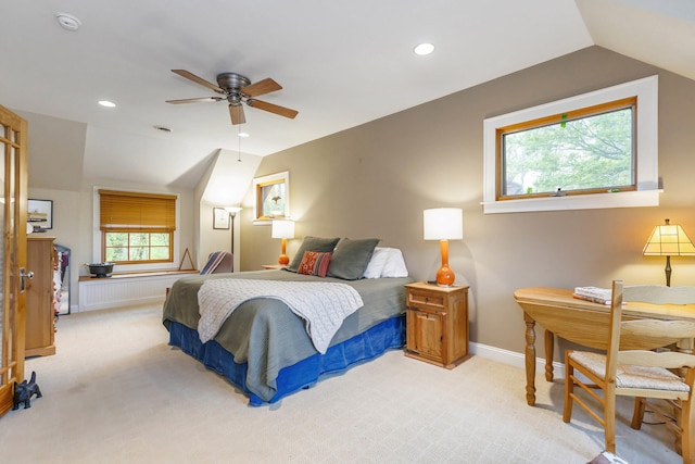 16434 S Basswood Rd, Three Oaks, MI 49128 - bedroom with light carpet, vaulted ceiling, recessed lighting, baseboards, and ceiling fan