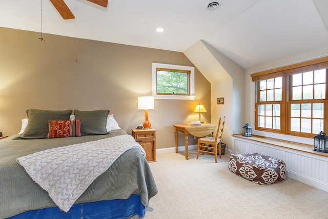 16434 S Basswood Rd, Three Oaks, MI 49128 - carpeted bedroom featuring baseboards, lofted ceiling, ceiling fan, and recessed lighting
