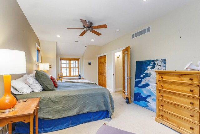 16434 S Basswood Rd, Three Oaks, MI 49128 - bedroom with light carpet, recessed lighting, ceiling fan, and baseboards