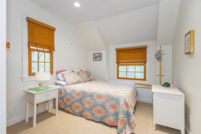 16434 S Basswood Rd, Three Oaks, MI 49128 - bedroom featuring baseboards, lofted ceiling, light colored carpet, and recessed lighting
