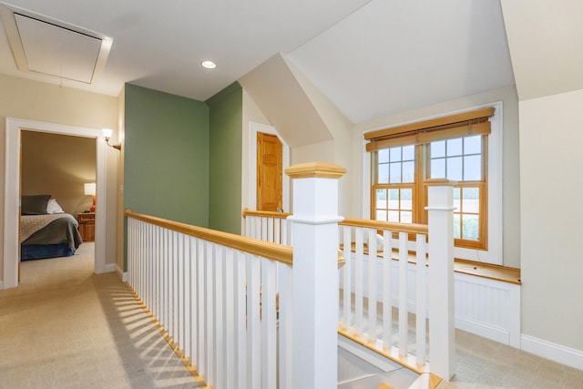 16434 S Basswood Rd, Three Oaks, MI 49128 - corridor featuring an upstairs landing, attic access, carpet floors, baseboards, and recessed lighting