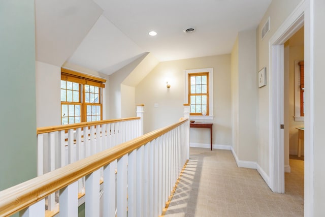 16434 S Basswood Rd, Three Oaks, MI 49128 - hall with carpet floors, baseboards, an upstairs landing, and recessed lighting