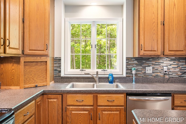 2103 Woodlark Dr, Holland, MI 49424 - kitchen with a sink, stainless steel dishwasher, tasteful backsplash, and dark countertops