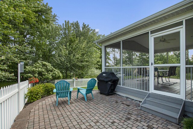 7251 Beverly Dr, South Haven, MI 49090 - view of patio with a sunroom, grilling area, and a ceiling fan