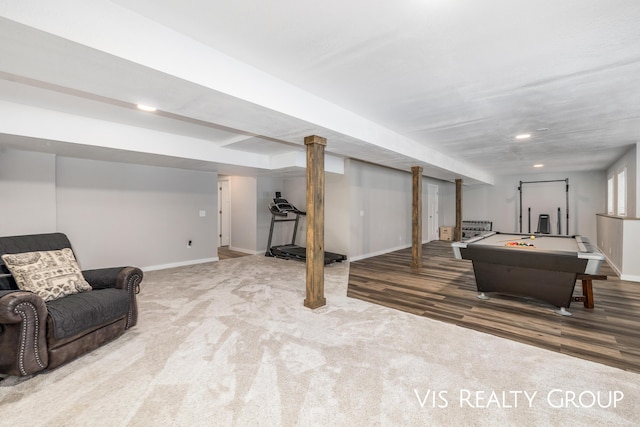 9340 Freedom Dr, West Olive, MI 49460 - game room featuring baseboards, billiards table, carpet flooring, wood finished floors, and recessed lighting
