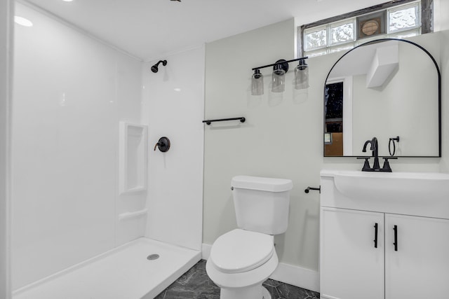 20504 Cherrylawn St, Detroit, MI 48221 - bathroom with toilet, vanity, baseboards, a shower, and marble finish floors