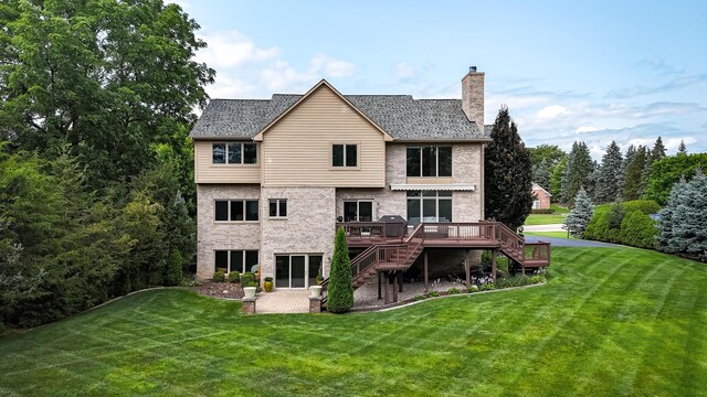 71 Knorrwood Dr, Rochester Hills, MI 48306 - rear view of house featuring stairs, brick siding, a wooden deck, a chimney, and a yard
