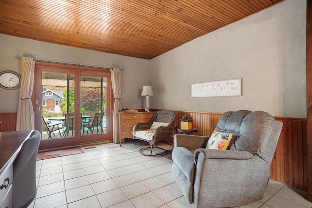 43 W Cherry Ave, Zeeland, MI 49464 - sitting room featuring a wainscoted wall, light tile patterned floors, wooden walls, and wooden ceiling