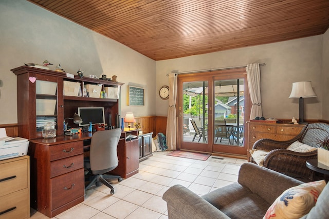 43 W Cherry Ave, Zeeland, MI 49464 - office area with light tile patterned flooring, wood ceiling, wainscoting, and wooden walls