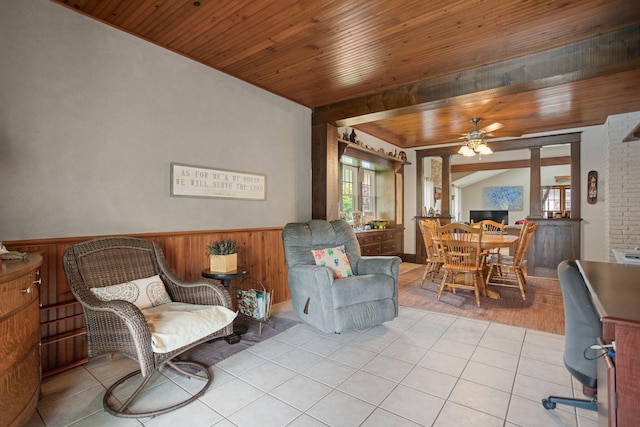 43 W Cherry Ave, Zeeland, MI 49464 - sitting room with a ceiling fan, wainscoting, wooden ceiling, tile patterned floors, and wooden walls