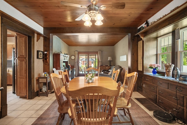 43 W Cherry Ave, Zeeland, MI 49464 - dining space featuring wood ceiling, ceiling fan, healthy amount of natural light, light tile patterned floors, and wooden walls