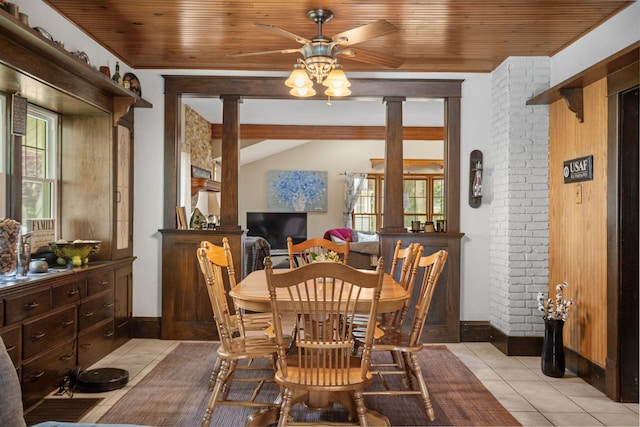43 W Cherry Ave, Zeeland, MI 49464 - dining area with healthy amount of natural light, ceiling fan, light tile patterned floors, wood ceiling, and vaulted ceiling