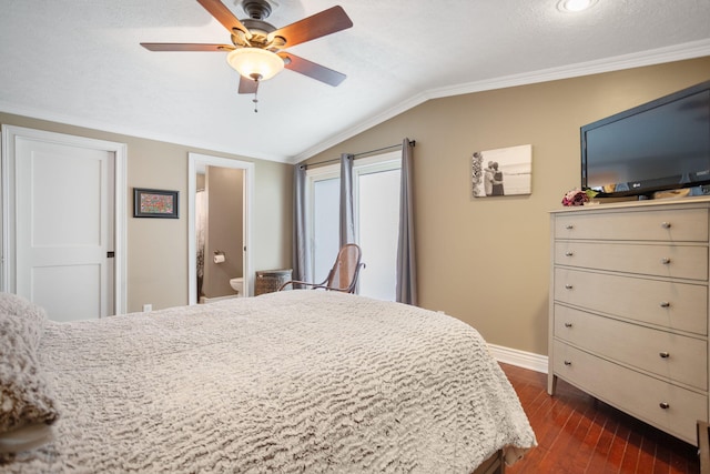 43 W Cherry Ave, Zeeland, MI 49464 - bedroom featuring dark wood finished floors, lofted ceiling, baseboards, ornamental molding, and a ceiling fan