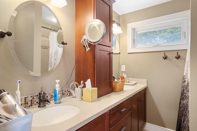 43 W Cherry Ave, Zeeland, MI 49464 - full bathroom with double vanity, backsplash, and curtained shower