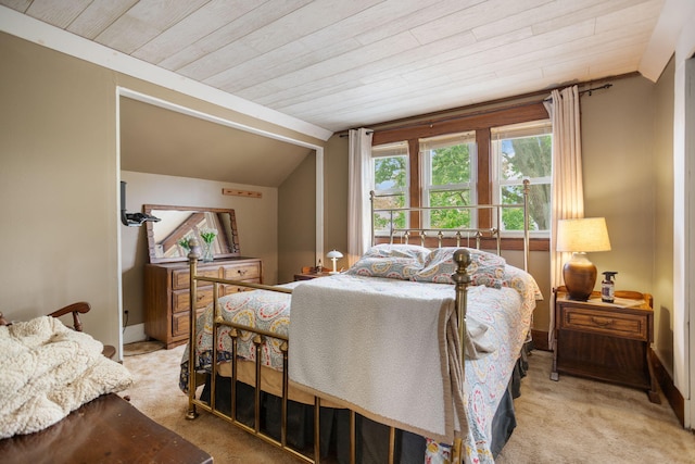 43 W Cherry Ave, Zeeland, MI 49464 - bedroom featuring light colored carpet, vaulted ceiling, and wood ceiling