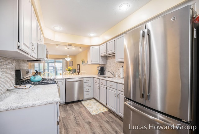 5228 Green Meadow Rd, Kalamazoo, MI 49009 - kitchen with appliances with stainless steel finishes, light wood-style floors, decorative backsplash, a sink, and pendant lighting