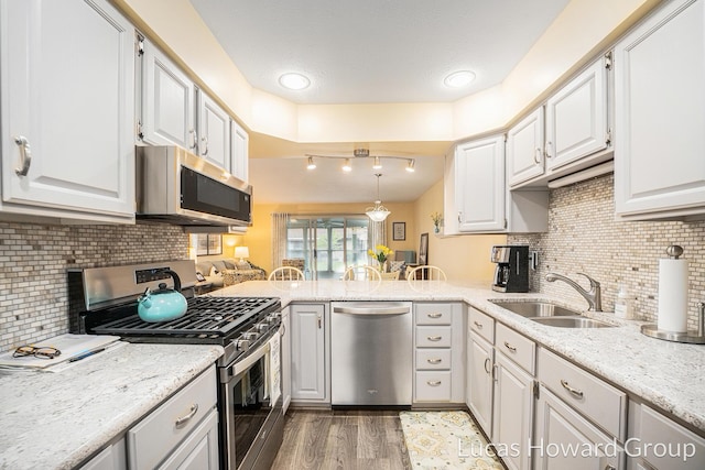 5228 Green Meadow Rd, Kalamazoo, MI 49009 - kitchen with stainless steel appliances, a sink, light wood-type flooring, a peninsula, and tasteful backsplash