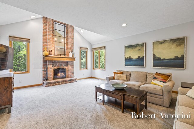 6374 Blakely Dr NE, Rockford, MI 49341 - living room with vaulted ceiling, baseboards, carpet, healthy amount of natural light, and recessed lighting