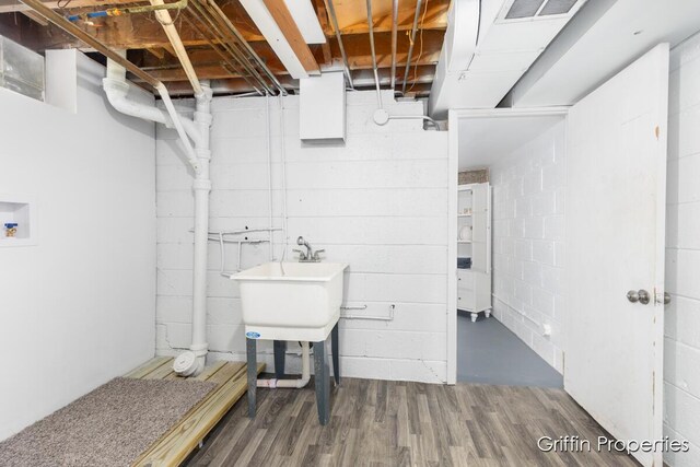3020 Cascade Rd SE, Grand Rapids, MI 49506 - unfinished below grade area with a sink, concrete block wall, and wood finished floors